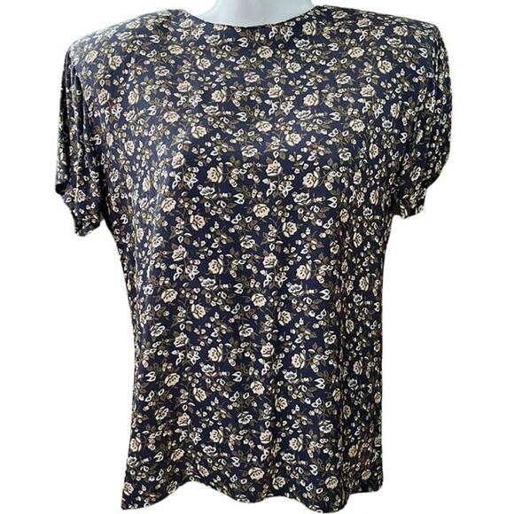 1990s Vintage Liz Claiborne Navy Floral Blouse Size 4 - Picture 1 of 6